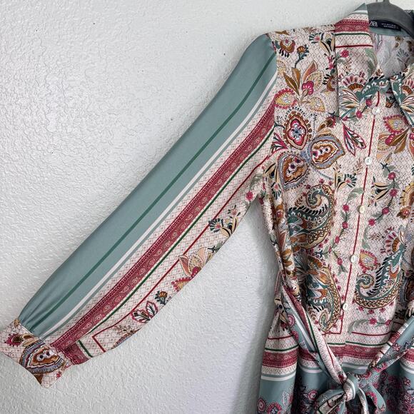 Zara Dress Womens Small Satin Paisley Floral Shirt Belted Boho Midi Blogger Fave - Picture 8 of 13